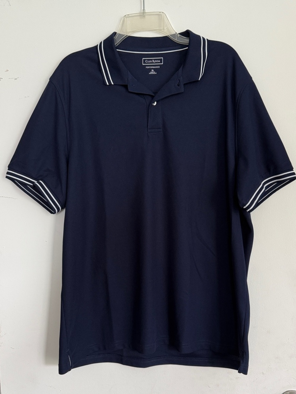 Club Room Performance Navy Polo w/White Double-Stripe Collar and Cuffs XL EUC